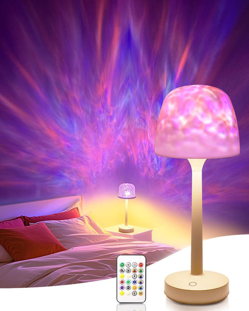 Ocean Wave Cordless Projector Light, RGB Color Changing Table Lamp, Portable Battery Night Light LED Aurora Projector with Remote Control for Bedroom Living Room Game Party Atmosphere Lights