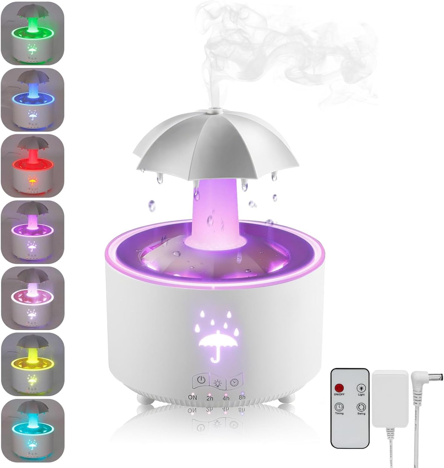 Humidifier for Bedroom, Rotating Umbrella Diffuser with Rain Drop Effect 7-Color LED, 300ML Small Humidifier Aroma Diffuser with Remote & Timer, Funny Rain Humidifier Gift for Kid Teen Women (White)