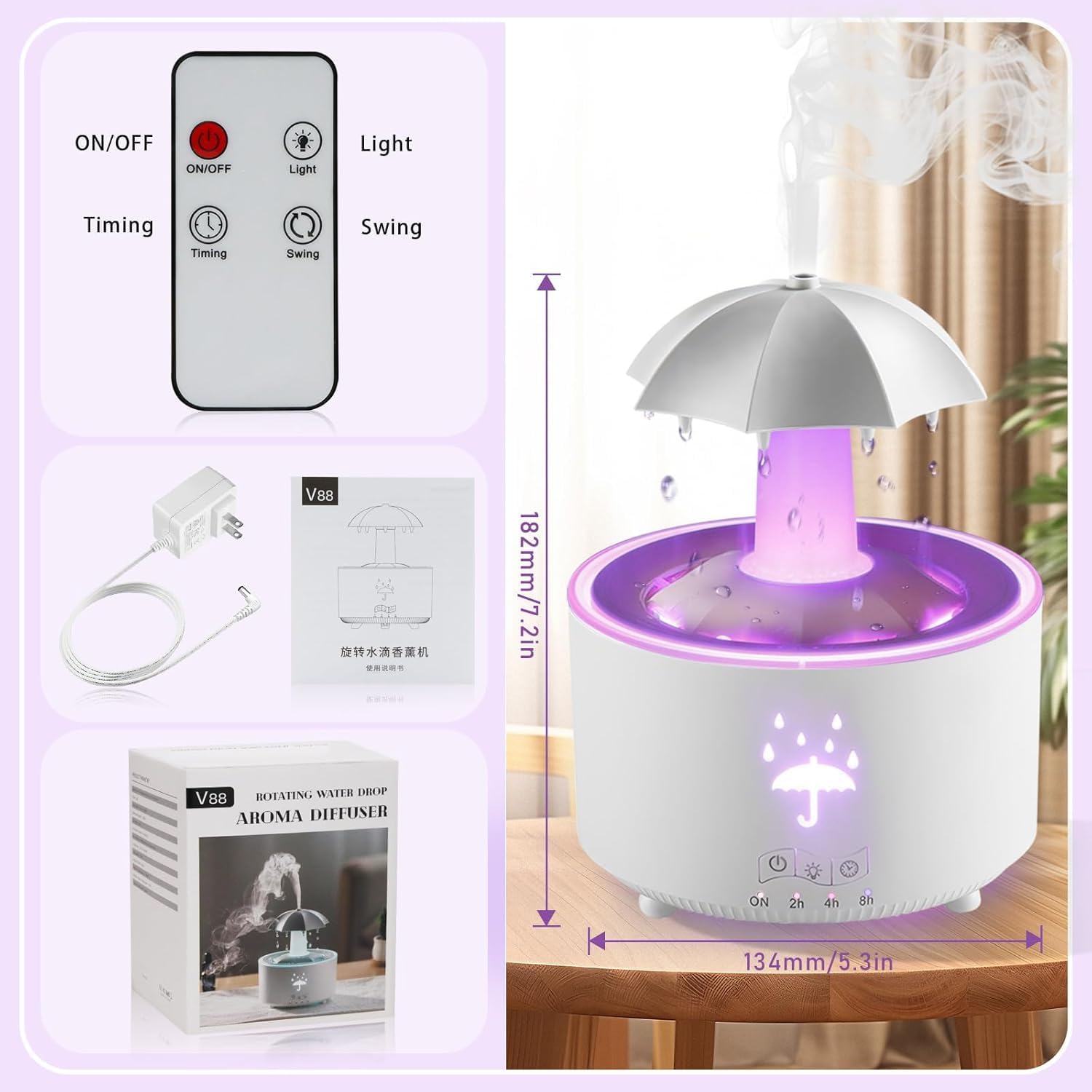 Humidifier for Bedroom, Rotating Umbrella Diffuser with Rain Drop Effect 7-Color LED, 300ML Small Humidifier Aroma Diffuser with Remote & Timer, Funny Rain Humidifier Gift for Kid Teen Women (White)