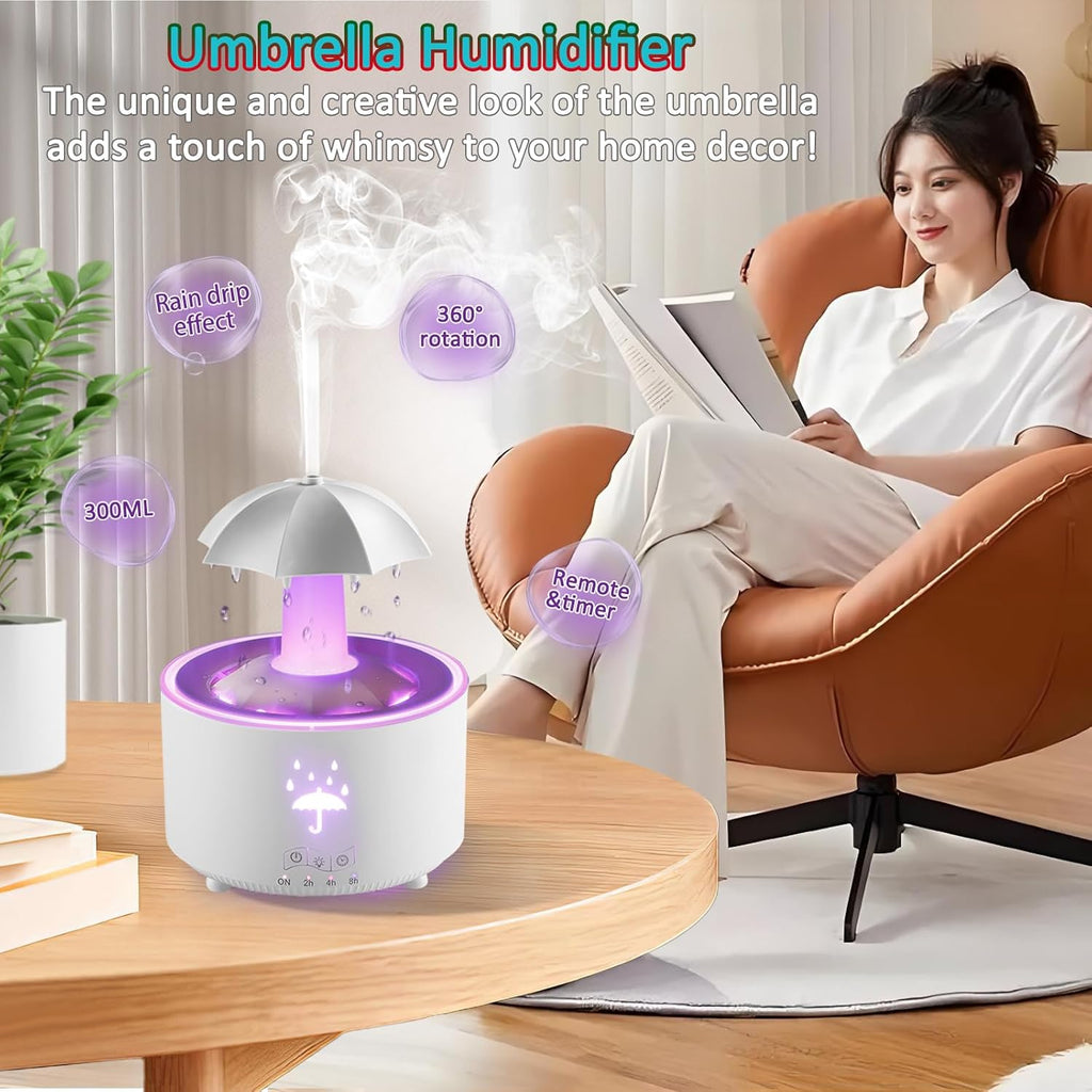Humidifier for Bedroom, Rotating Umbrella Diffuser with Rain Drop Effect 7-Color LED, 300ML Small Humidifier Aroma Diffuser with Remote & Timer, Funny Rain Humidifier Gift for Kid Teen Women (White)