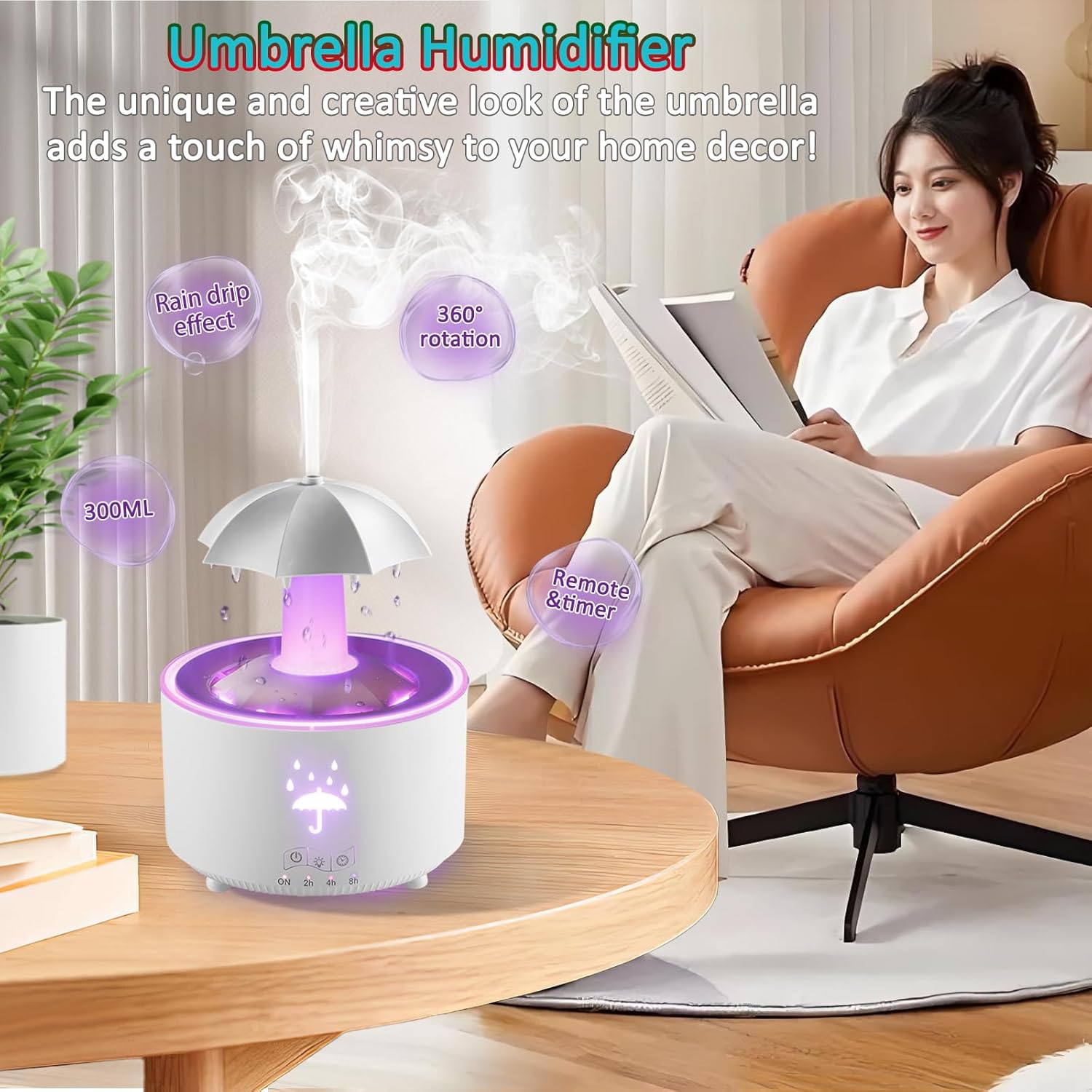 Humidifier for Bedroom, Rotating Umbrella Diffuser with Rain Drop Effect 7-Color LED, 300ML Small Humidifier Aroma Diffuser with Remote & Timer, Funny Rain Humidifier Gift for Kid Teen Women (White)