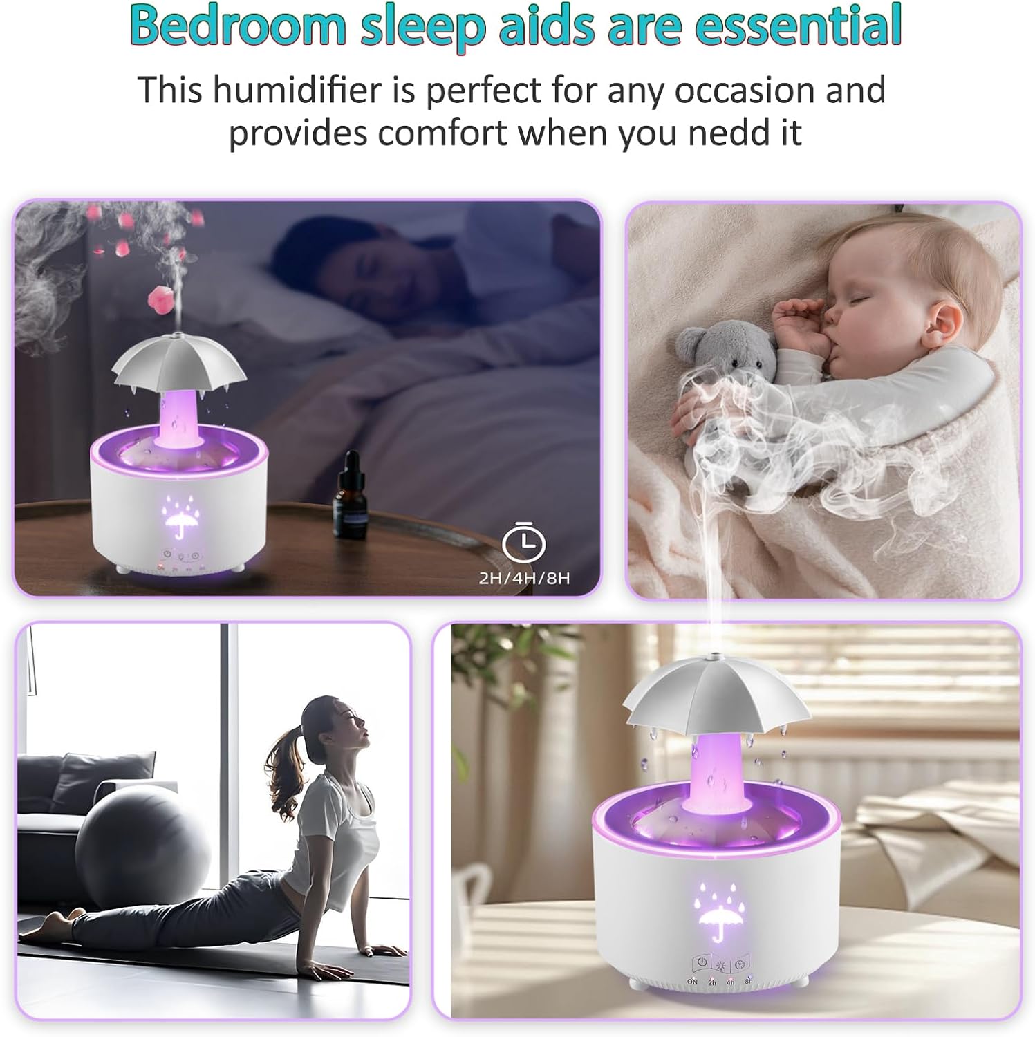 Humidifier for Bedroom, Rotating Umbrella Diffuser with Rain Drop Effect 7-Color LED, 300ML Small Humidifier Aroma Diffuser with Remote & Timer, Funny Rain Humidifier Gift for Kid Teen Women (White)