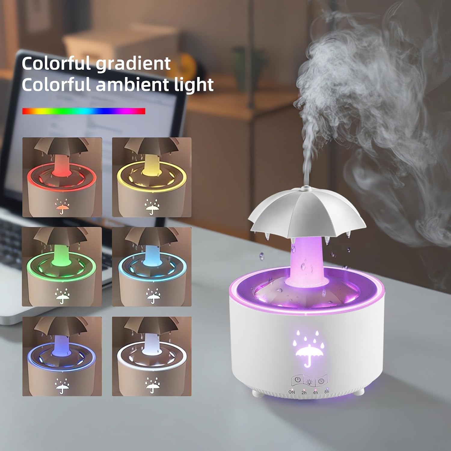 Humidifier for Bedroom, Rotating Umbrella Diffuser with Rain Drop Effect 7-Color LED, 300ML Small Humidifier Aroma Diffuser with Remote & Timer, Funny Rain Humidifier Gift for Kid Teen Women (White)
