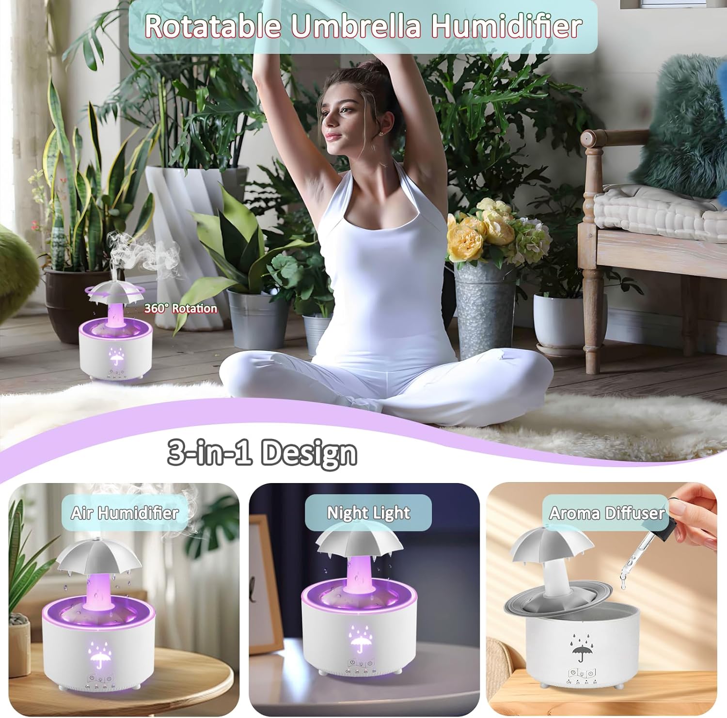 Humidifier for Bedroom, Rotating Umbrella Diffuser with Rain Drop Effect 7-Color LED, 300ML Small Humidifier Aroma Diffuser with Remote & Timer, Funny Rain Humidifier Gift for Kid Teen Women (White)